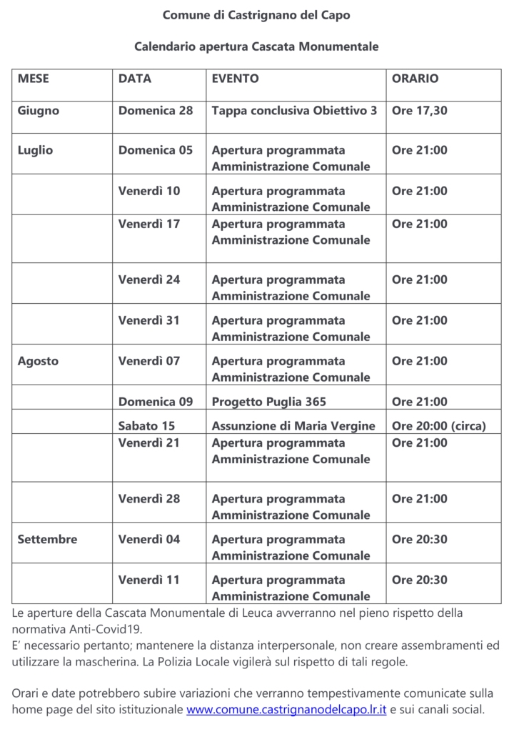 calendario apertura cascata monumentale leuca